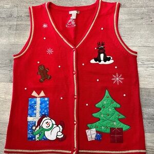 Christmas Red Knit Sweater Vest with Embroidered Green Tree